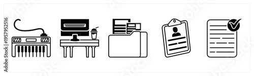 A set of 5 mix icons as piano, office table, folder