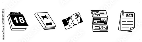 A set of 5 mix icons as calendar, book, map