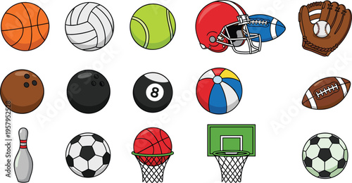 Large collection of flat vector sports icons featuring basketball, soccer, tennis, bowling, american football, baseball glove, volleyball, and billiard balls for athletic design projects.