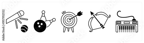 A set of 5 mix icons as baseball, bowling pin, dartboard