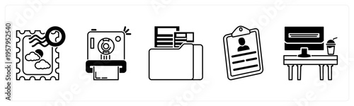 A set of 5 mix icons as postage stamp, instant camera, folder