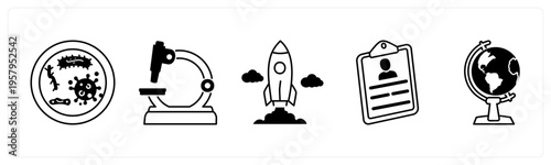 A set of 5 mix icons as virus, microscope, startup