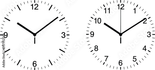Two minimalist analog clock faces showing different times isolated on a plain white background Vector