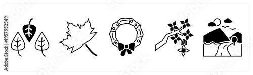 A set of 5 mix icons as leaves, leaf, christmas wreath