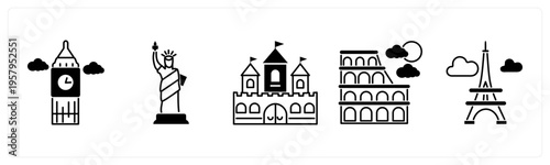 A set of 5 mix icons as clock tower, statue of liberty, fort