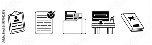 A set of 5 mix icons as clipboard, approved document, folder