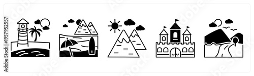 A set of 5 mix icons as beach, hills, fort 