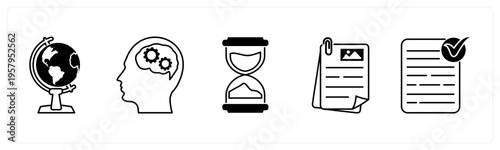A set of 5 mix icons as globe, planning, sandglass