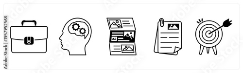 A set of 5 mix icons as portfolio, planning, article
