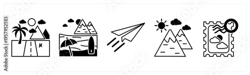 A set of 5 mix icons as road, beach, paper plane