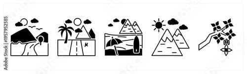 A set of 5 mix icons as nature, road, beach