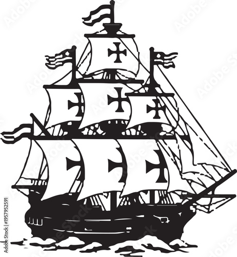 A black and white silhouette of a historic caravel ship adorned with traditional crosses on sails