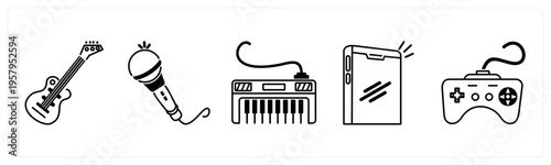 A set of 5 mix icons as guitar, mic, piano