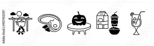 A set of 5 mix icons as barbecue, chicken slice, halloween pumpkin