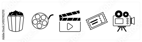 A set of 5 mix icons as popcorn, movie reel, clapper board