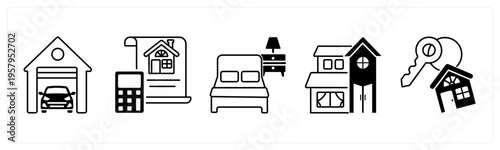 A set of 5 mix icons as garage, property budget, bed