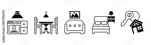 A set of 5 mix icons as microwave, dining table, sofa