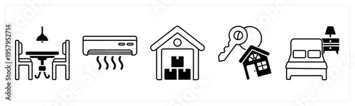 A set of 5 mix icons as dining table, air conditioner, warehouse
