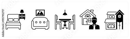 A set of 5 mix icons as bed, sofa, dining table