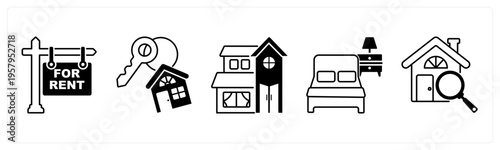 A set of 5 mix icons as for rent, home key, villa