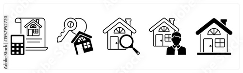 A set of 5 mix icons as property budget, home key, home search