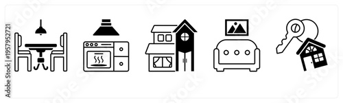 A set of 5 mix icons as dining table, microwave, villa