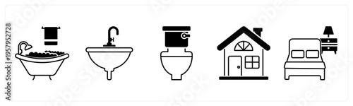 A set of 5 mix icons as bathtub, washbasin, commode
