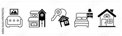 A set of 5 mix icons as sofa, villa, home key