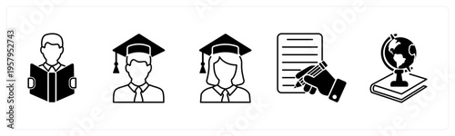 A set of 5 mix icons as reading, graduate boy, graduate girl