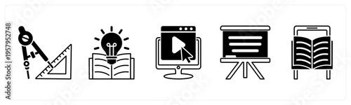 A set of 5 mix icons as geometry, knowledge, e learning