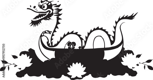 A traditional black and white graphic illustration featuring a stylized dragon in a lotus pond