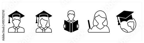 A set of 5 mix icons as graduate boy, graduate girl, reading