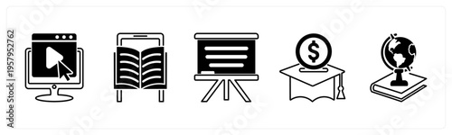 A set of 5 mix icons as e learning, mobile learning, white board