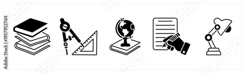 A set of 5 mix icons as books, geometry, history