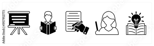 A set of 5 mix icons as white board, reading, writing