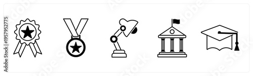 A set of 5 mix icons as badge, medal, study lamp
