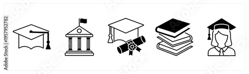 A set of 5 mix icons as graduation cap, school, degree
