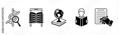 A set of 5 mix icons as dna search, mobile learning, history