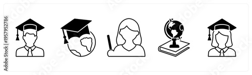 A set of 5 mix icons as graduate boy, global education, teacher