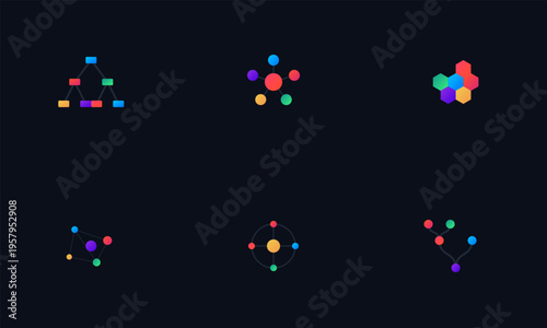A collection of colorful abstract network and data structure icons set against a dark background