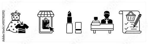 A set of 5 mix icons as clothes, mobile shopping, lisptick