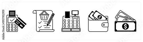 A set of 5 mix icons as card swipe machine, item list, billing machine