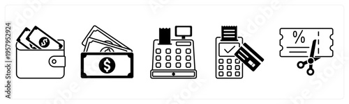 A set of 5 mix icons as wallet, cash, billing machine