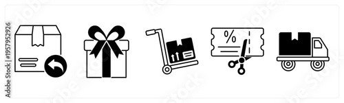 A set of 5 mix icons as return parcel, present, luggage trolley