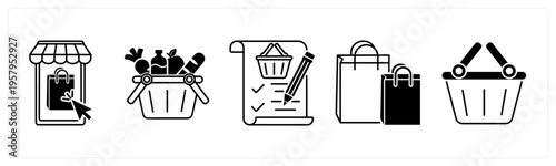 A set of 5 mix icons as mobile shopping, grocery, item list