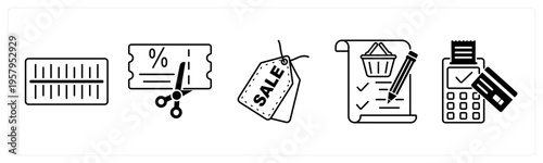 A set of 5 mix icons as barcode, coupon, sale tag