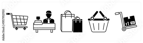 A set of 5 mix icons as shopping cart, receptionist, shopping bag