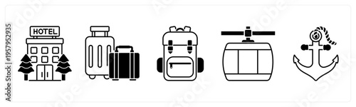 A set of 5 mix icons as hotel, suitcase, backpack