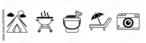 A set of 5 mix icons as camping tent, barbecue, sand bucket