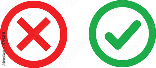 A pair of red cross mark and green check mark symbols isolated on a plain white background surface Vector